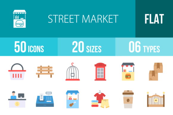 50 Street Market Flat Multicolor Icons: A Visual Toolkit for Modern Designers