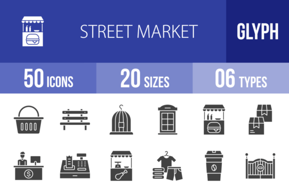 50 Street Market Glyph Icons: Essential Visuals for Modern Projects